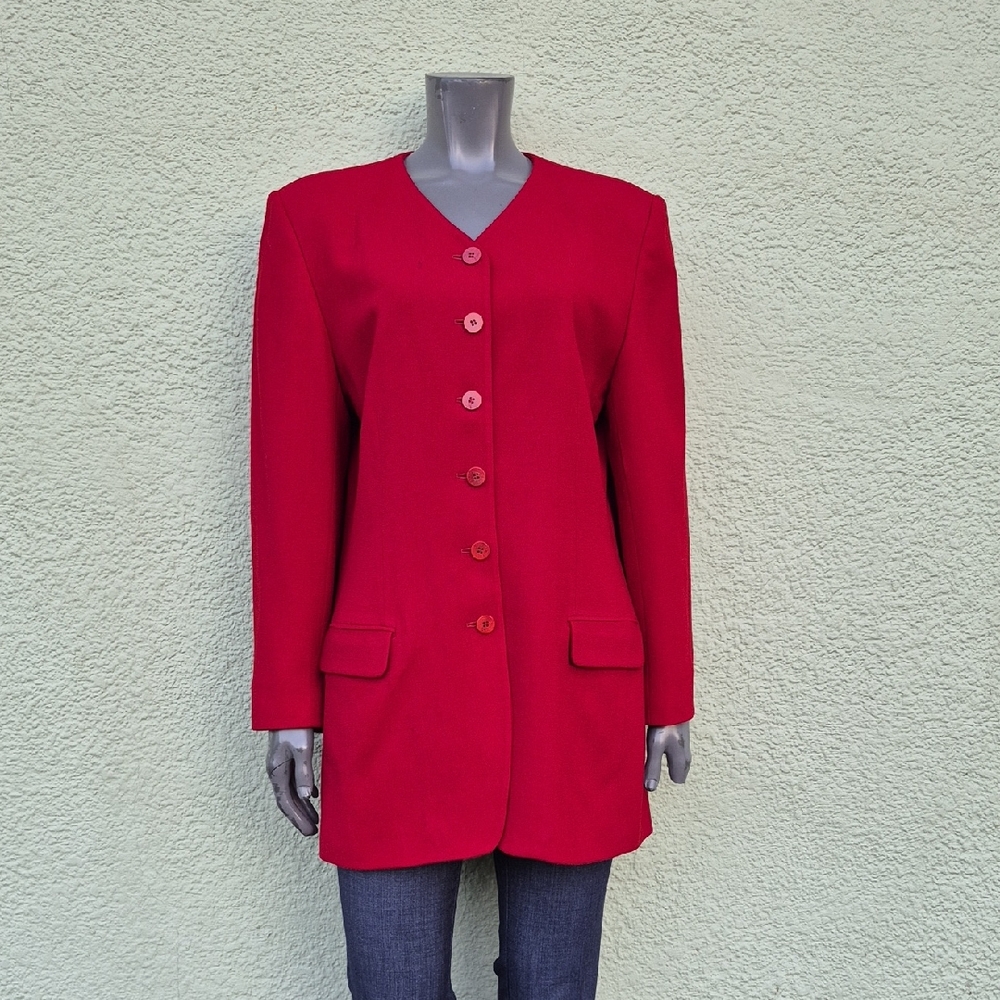 Chaus (DR) Ladies Vivid Red Collarless Pure Wool (6) Button Luxury Blazer